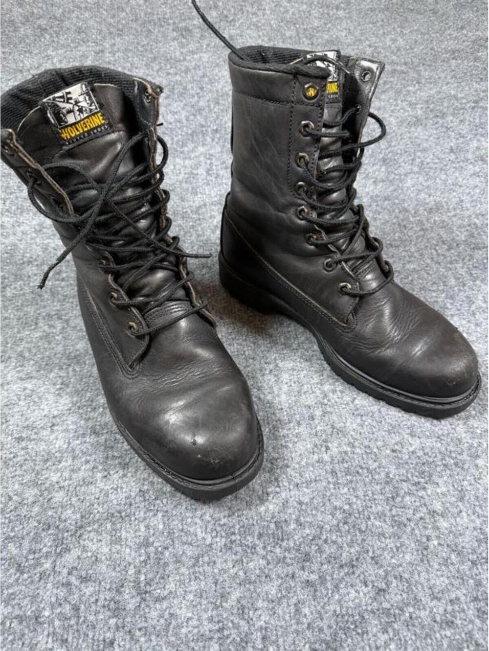 Vintage Wolverine Black Leather Work Boots Size 9 Made USA